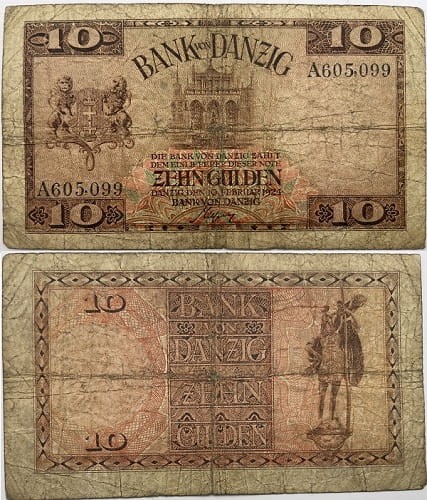 Banknot 10 guldenów 1924 r. Wolne Miasto Gdańsk seria A awers i rewers