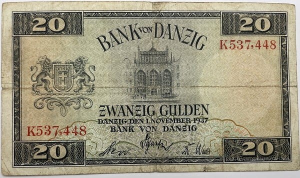 Banknot 20 guldenów 1937 r. Wolne Miasto Gdańsk rewers