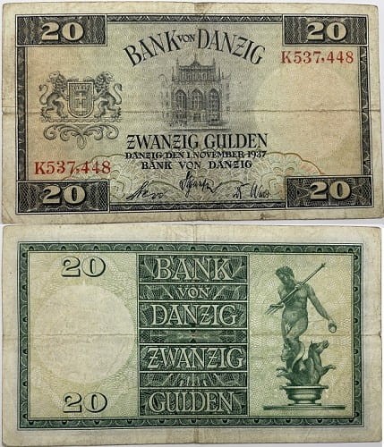 Banknot 20 guldenów 1937 r. Wolne Miasto Gdańsk awers i rewers