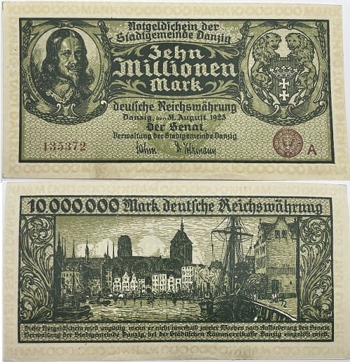 Banknot 10 000 000 marek 1923 r. Gdańsk awers i rewers