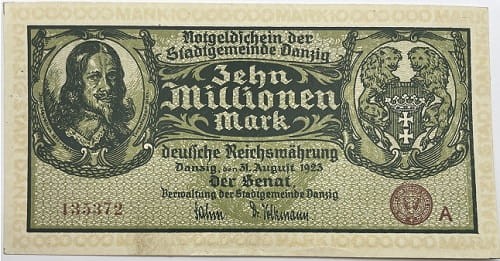 Banknot 10 000 000 marek 1923 r. Gdańsk awers