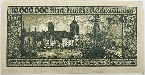 Banknot 10 000 000 marek 1923 r. Gdańsk rewers