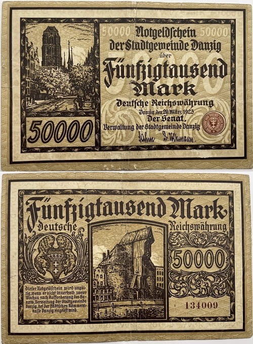 Banknot 50000 marek 1923 r. Wolne Miasto Gdańsk awers i rewers