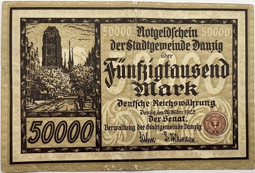 Banknot 50000 marek 1923 r. Wolne Miasto Gdańsk awers