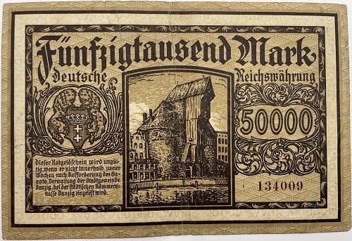 Banknot 50000 marek 1923 r. Wolne Miasto Gdańsk rewers