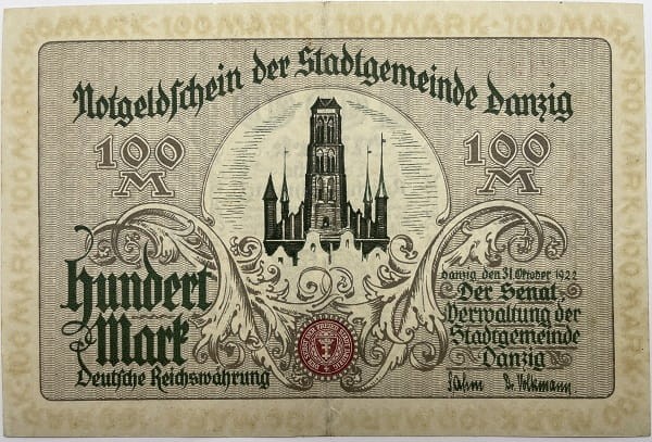 Banknot 100 marek 1922 r. Wolne Miasto Gdańsk awers