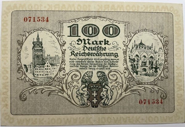 Banknot 100 marek 1922 r. Wolne Miasto Gdańsk rewers