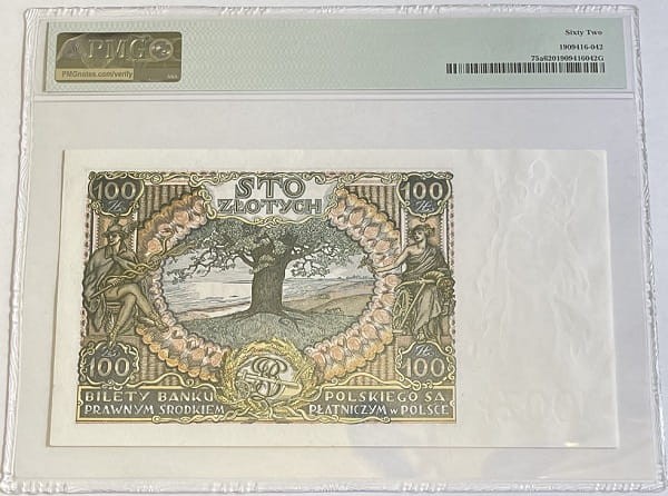 Banknot 100 złotych 1934 r. PMG 62 rewers