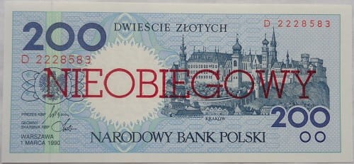 Banknot 200 złotych Kraków 1990 r. Nieobiegowy awers