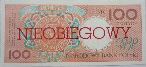 Banknot 100 złotych Poznań 1990 r. Nieobiegowy rewers
