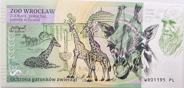 Banknot Szympans zwyczajny zoo Wrocław rewers