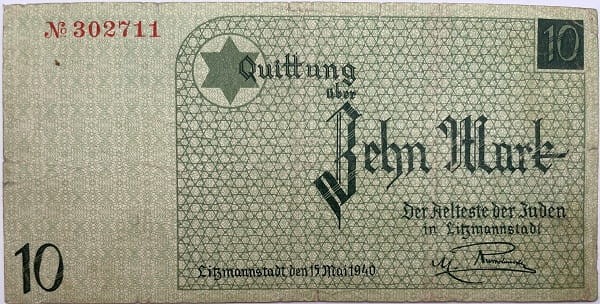 Banknot 10 marek 1940 Getto w Łodzi awers