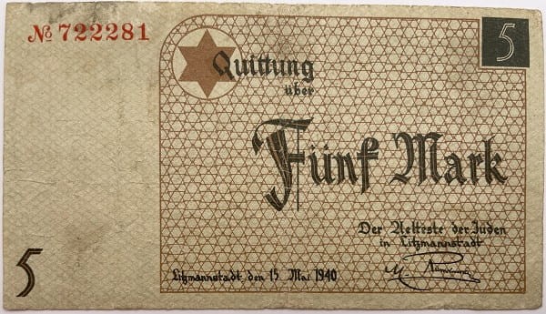 Banknot 5 marek 1940 Getto w Łodzi awers