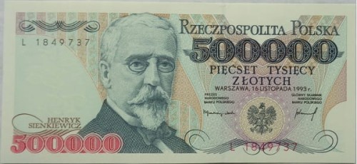 Banknot PRL 500000 zł 1993 stan 1 awers