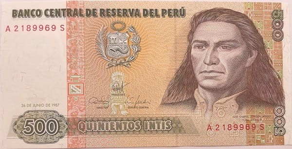 Peru Banknot 500 Intis 1987 r. awers