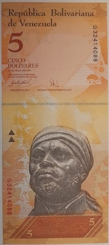 Wenezuela banknot 5 bolivares 2007 r. awers
