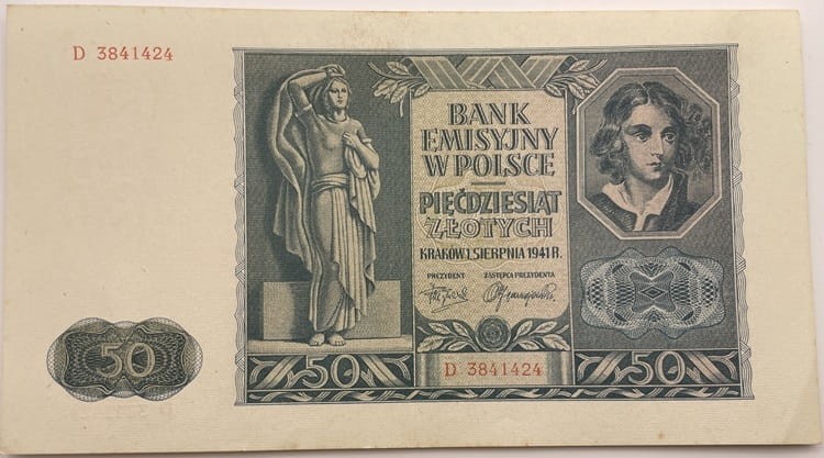 Banknot 50 zł 1941 r. stan 1 awers