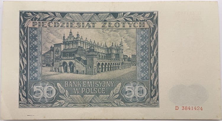 Banknot 50 zł 1941 r. stan 1 rewers