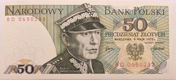 Banknot PRL 50 zł Karol Świerczewski UNC 1975 awers