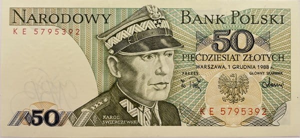 Banknot PRL 50 zł 1988 Karol Świerczewski UNC awers