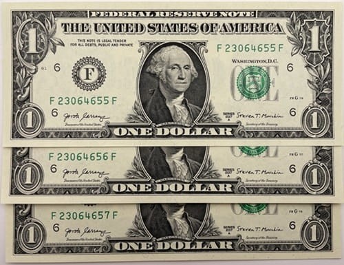 Banknot 1 dolar USA 2017 r. UNC 3 kolejne