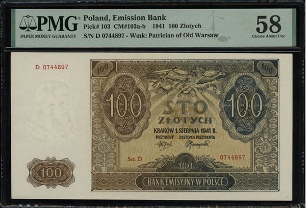 Banknot 100 złotych 1941 r. PMG 58 awers