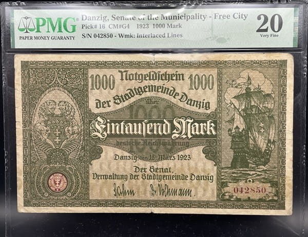 Banknot 1000 marek 1923 r. Wolne Miasto Gdańsk awers