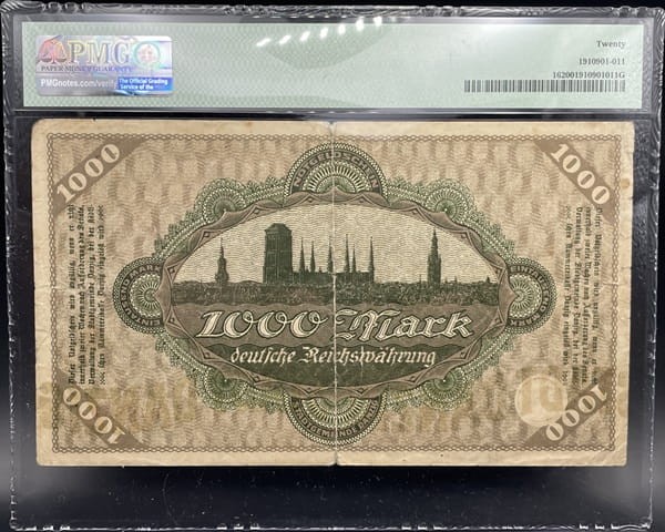 Banknot 1000 marek 1923 r. Wolne Miasto Gdańsk rewers