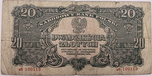 Banknot 20 zł 1944 r. seria lubelska awers