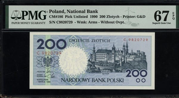200 złotych 1990 r. PMG 67 EPQ
