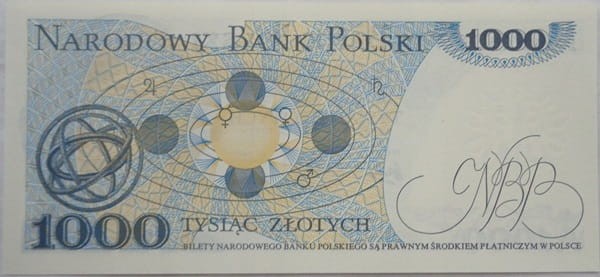 Banknot PRL1000 zł Mikołaj Kopernik 1975 stan 1 rewers