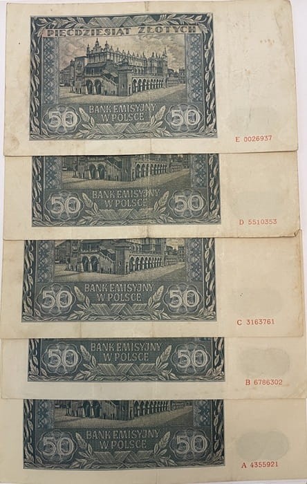 Banknot 50 zł 1941 r. A, B, C, D, E  rewers
