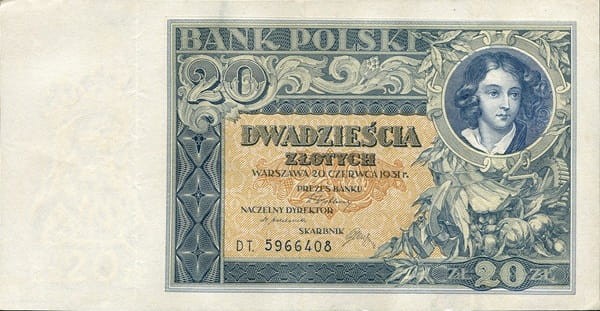 Banknot 20 złotych 1931 r. stan 2 awers