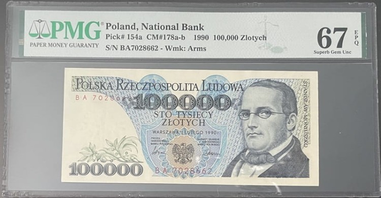 Banknot PRL100000 zł Moniuszko 1990 PMG 67 EPQ awers
