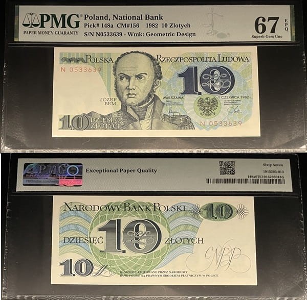 Banknot PRL 10 złotych 1982 PMG 67 EPQ
