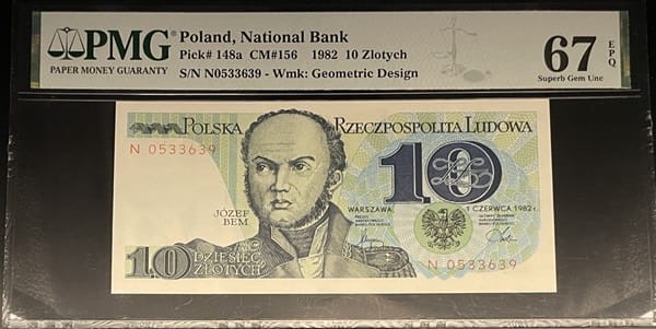Banknot PRL 10 złotych 1982 PMG 67 EPQ awers