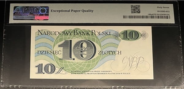 Banknot PRL10 złotych 1982 PMG 67 EPQ rewers