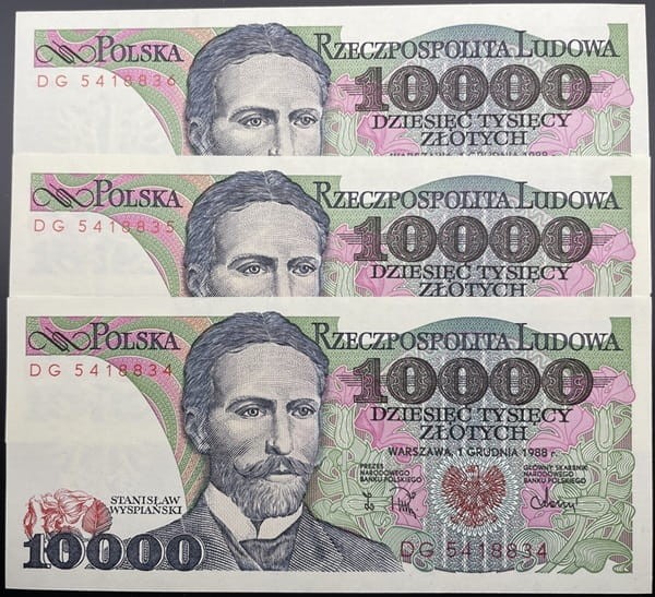 Banknoty PRL 10000 zł 1988 Stanisław Wyspiański awers 3 kolejne