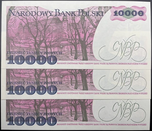 Banknoty PRL 10000 zł 1988 Stanisław Wyspiański rewers 3 kolejne