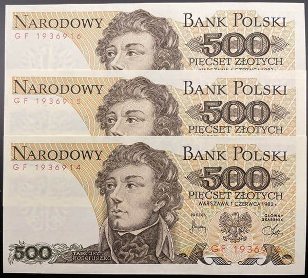 Banknoty PRL 500 zł 1982 Tadeusz Kościuszko awers 3 kolejne