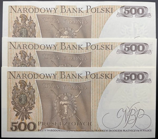 Banknoty PRL 500 zł 1982 Tadeusz Kościuszko rewers 3 kolejne