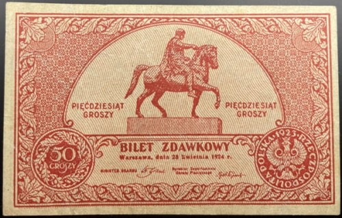50 gr 1924 r. bilet zdawkowy awers