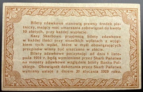 50 gr 1924 r. bilet zdawkowy rewers