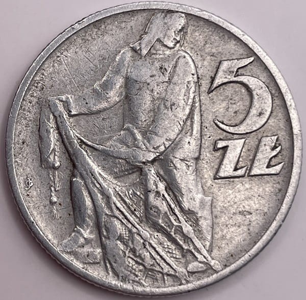 5 zł Rybak 1958 r. stan 3 rewers