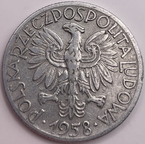 Moneta PRL 5 zł Rybak 1958 r. stan 3 awers