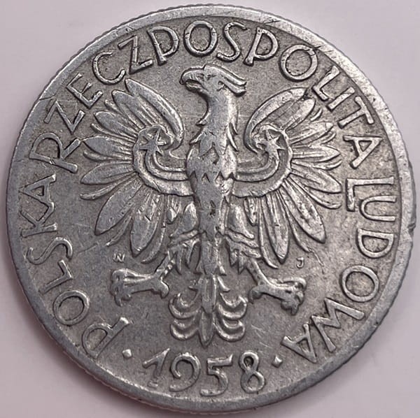 Moneta PRL 5 zł Rybak 1958 r. stan 3 awers