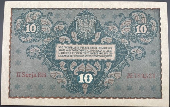Banknot 10 marek 1919 r. stan 2 rewers