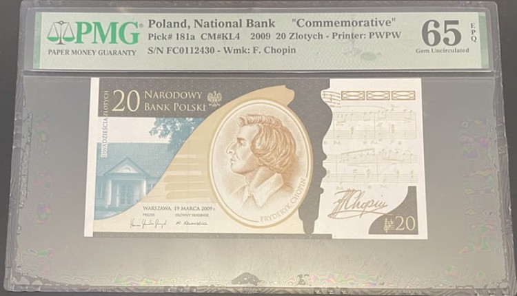Banknot 20 zł Fryderyk Chopin 2009 r. PMG 65 EPQ awers