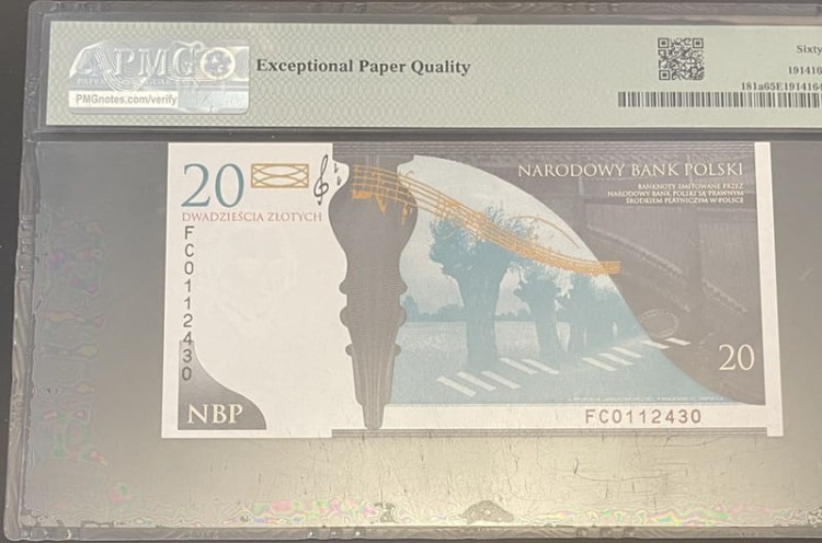 Banknot 20 zł Fryderyk Chopin 2009 r. PMG 65 EPQ rewers