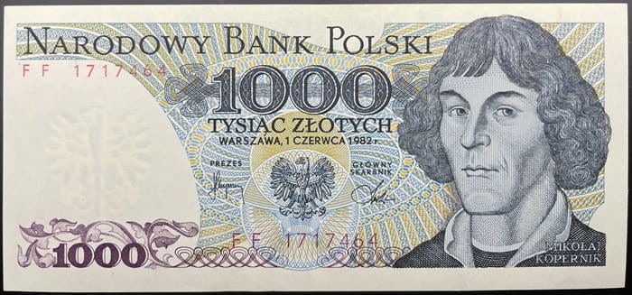 Banknot PRL 1000 zł Mikołaj Kopernik 1982 stan 2 awers